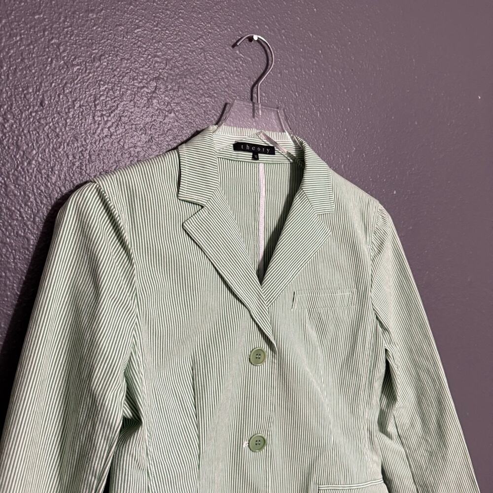 Theory Green / White Striped Cotton Blazer Size 10 - Picture 5 of 8